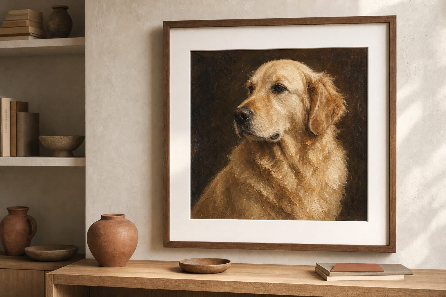 Portrait à l'huile encadré, accroché au-dessus d'une console