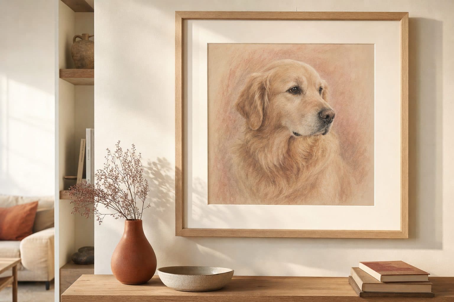 Portrait au pastel encadré, accroché au-dessus d'une console