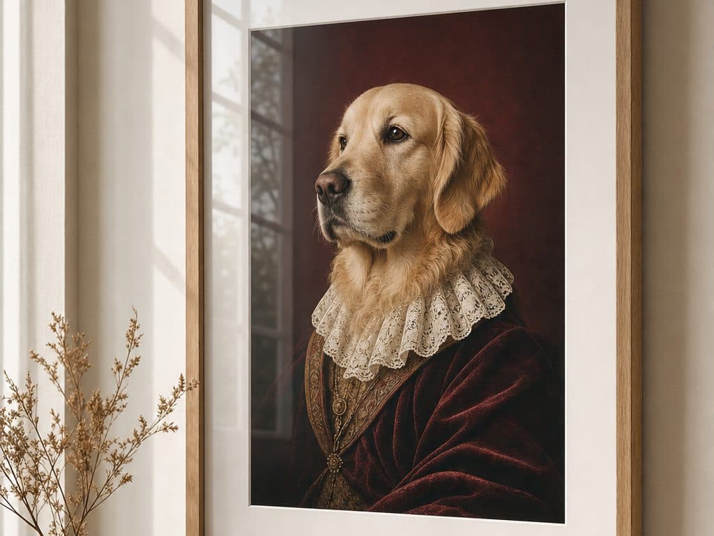 Portrait royal encadré sous plaque acrylique, vu de trois quarts dans la lumière du jour