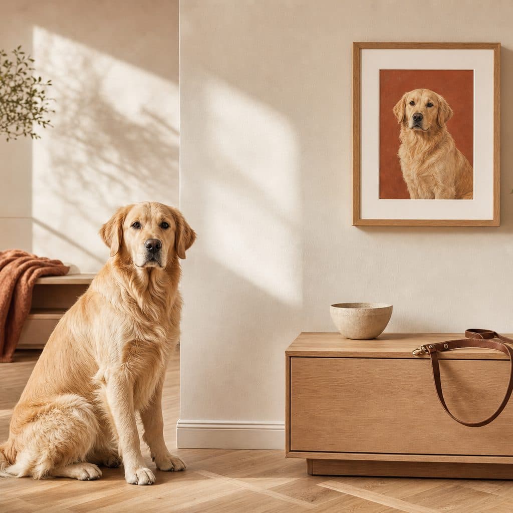 Un golden retriever assis sur le parquet d'un salon clair, à côté de son portrait à l'huile encadré, accroché au mur
