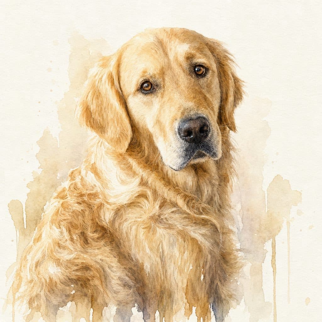 Portrait d'un chien à l'aquarelle, lavis clairs sur papier grain fin