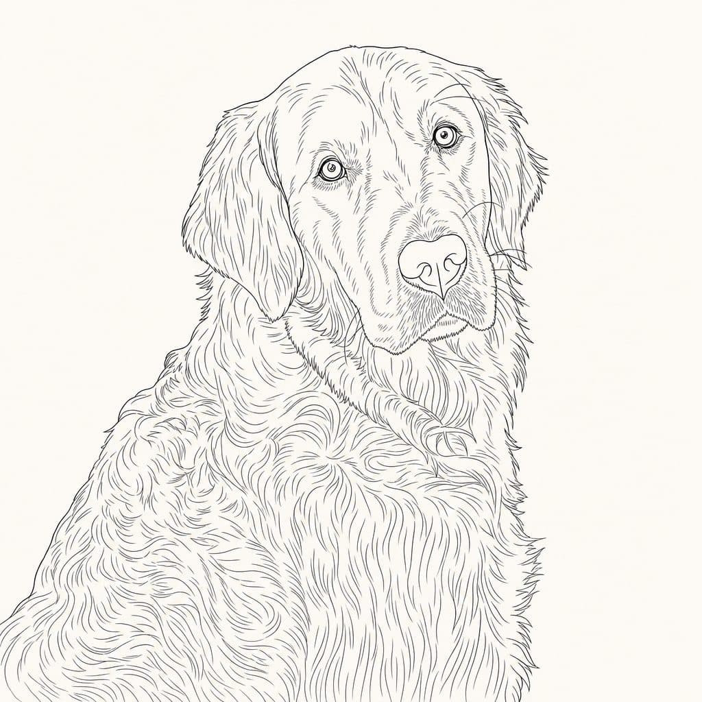 Portrait de golden retriever au trait épuré, ligne d'encre sur fond crème